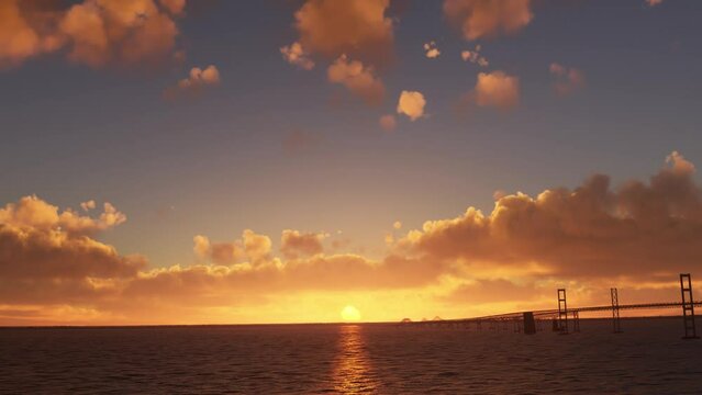 Aerial drone footage of the Chesapeake Bay Bridge in Maryland at sunset with a moving frontal view from above sea level. United States of America