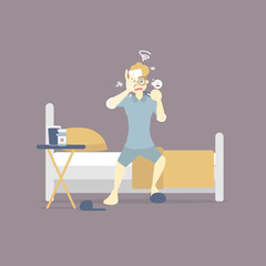 man lying on bed with thermometer, medicine, having a cold and runny nose, fever flu influenza, winter, rainy season, health care concept, vector illustration cartoon flat character design