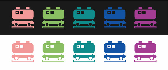 Set Oil railway cistern icon isolated on black and white background. Train oil tank on railway car. Rail freight. Oil industry. Vector
