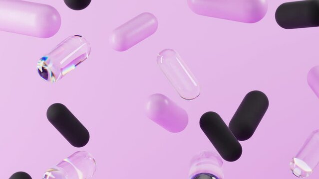 Pink 3D background with slowly floating capsules and pills made out of glass, plastic and rubber.  Smoothly floating and colliding pills and capsules - 3D rendering.
