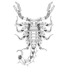 Mechanical scorpion in metal steampunk style coloring book. Vector illustration.