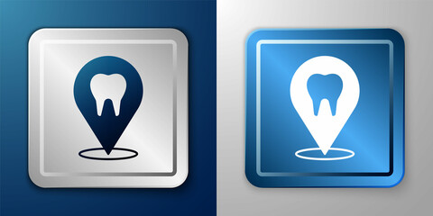 White Dental clinic location icon isolated on blue and grey background. Silver and blue square button. Vector
