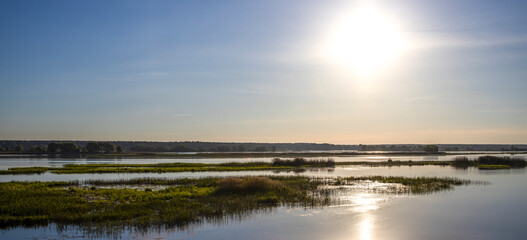 Scenic landscape with foggy river and forest on the horizon. Mystical morning landscape on the pond. Dawn over the lake.
