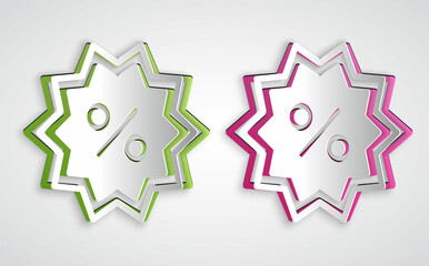 Paper cut Discount percent tag icon isolated on grey background. Shopping tag sign. Special offer sign. Discount coupons symbol. Paper art style. Vector