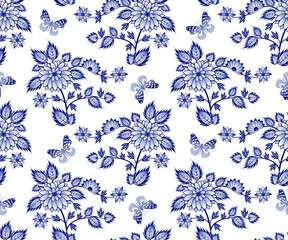 .Blue and white butterflies and bouquet of abstract flowers. Vector seamless pattern. Floral texture on a white background.  Chinese style design. .