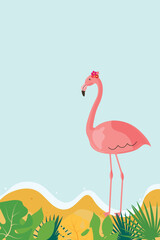 Decorative summer banner with flamingo, sand and tropical leaves. Vector flat design illustration