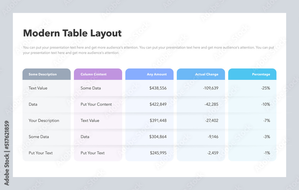 Poster Modern table layout template with five colorful columns. Flat design, easy to use for your website or presentation.