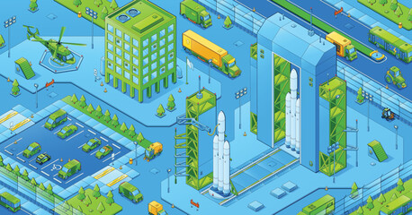 Isometric city infrastructure, urban architecture. Residential buildings, spaceport, helipad, car parking area, road with moving transport, trucks and commuters 3d vector design, line art illustration