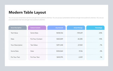Modern table layout template with five colorful columns. Flat design, easy to use for your website or presentation.