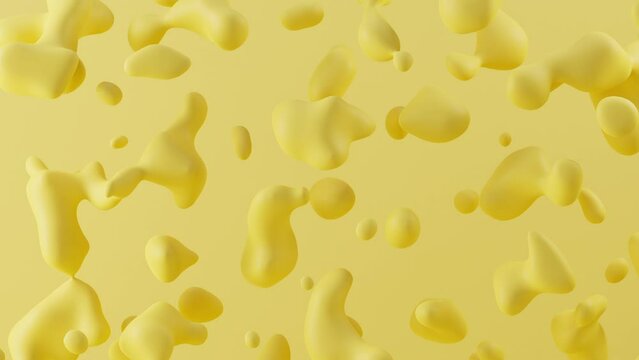 Yellow abstract 3D background with organic fluid moving droplets made out of plastic or rubber liquid.  Smoothly and organic fluid drops - 3D rendering. Seamless loop.