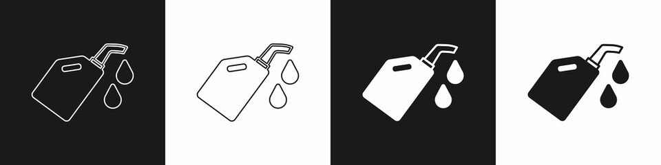 Set Canister for motor machine oil icon isolated on black and white background. Oil gallon. Oil change service and repair. Vector