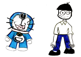 Children's drawings a cartoon image and line drawings