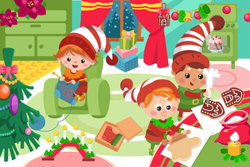Obraz na płótnie Canvas Cute gnomes prepare christmas cookies, cake, knit sock, character in cartoon style. Vector color illustration. Picture for design of poster, game, book, puzzle.