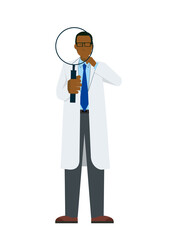 Fototapeta premium simple illustration of a black male doctor in a lab coat. Image of large magnifying glass, pose with magnifying glass, research, research. 8heads tall.