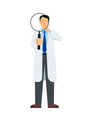 Fototapeta premium simple illustration of an Asian male doctor in a lab coat. Image of large magnifying glass, pose with magnifying glass, research, research. 8heads tall.
