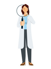 Fototapeta premium simple illustration of an Asian female doctor in a lab coat. Image of large magnifying glass, pose with magnifying glass, research, research. 8heads tall.