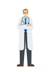 Fototapeta premium simple illustration of a Caucasian male doctor in a lab coat. A pose with arms folded. 8heads tall.