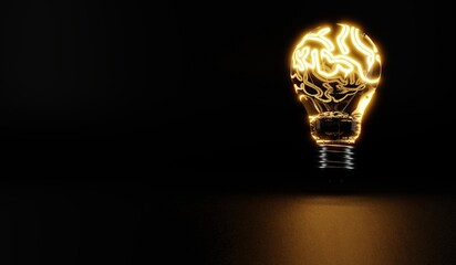 Light bulb with a brain inside with black background.3D rendering