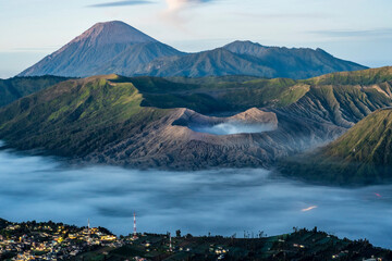 Mount Bromo, East Java, Indonesia with Cemoro Lawang village in the morning