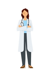 simple illustration of an Asian female doctor in a lab coat. A pose with arms folded. 8heads tall.