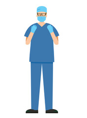 simple illustration of a Caucasian male doctor wearing a surgical gown. 8heads tall.