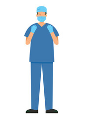 simple illustration of an Asian male doctor wearing a surgical gown. 8heads tall.