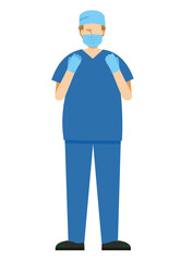 simple illustration of a Caucasian male doctor wearing a surgical gown. 8heads tall.