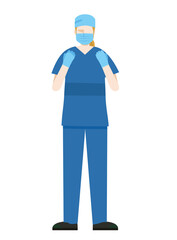simple illustration of a Caucasian female doctor wearing a surgical gown. 8heads tall.