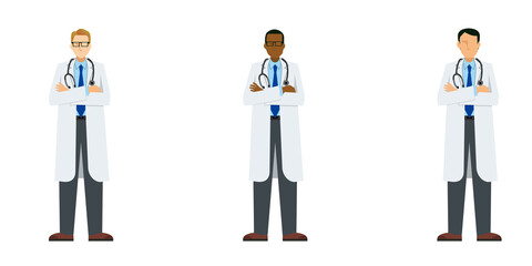 手術着を着た様々な人種の医師のシンプルなイラストセット。腕組みをするポーズ　8等身