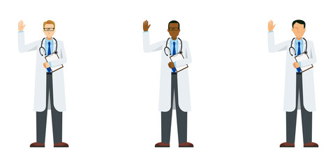 白衣を着た様々な人種、男性の医師のシンプルなイラストセット。ファイルを持ち挨拶をするポーズ　8等身