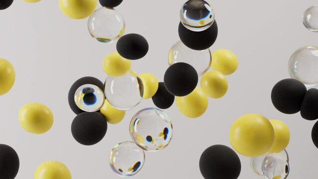 Light grey and yellow abstract 3D background with slowly floating soft balls made out of glass, plastic and rubber.  Smoothly floating and colliding soft bodiy spheres - 3D rendering.