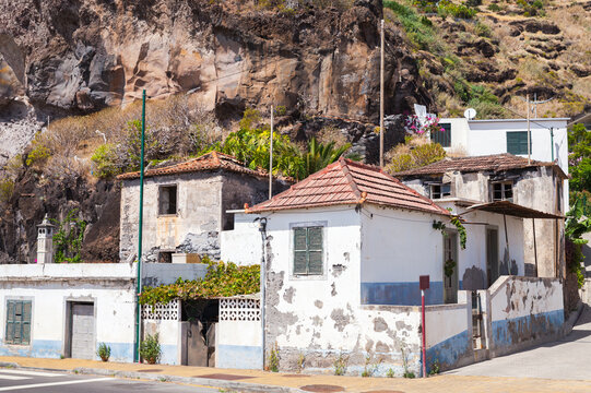 Old white houses of Calheta of Madeira, Portugal. Street view