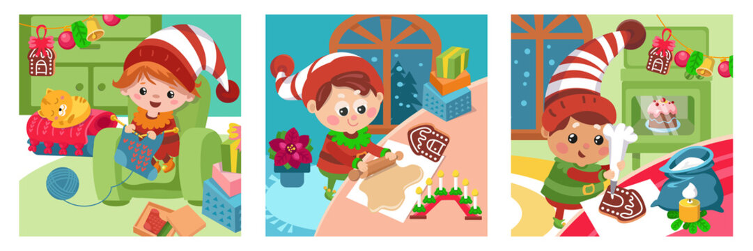 Cute elf rolls out dough, prepares Christmas cake, character in cartoon style. Picture with background for design of posters, games, books, puzzles. Vector hand drawn illustration.