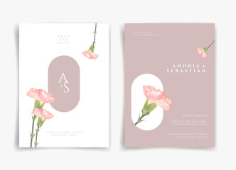 Pink wedding card or invitation card with pink flower and leaf theme front side and backside. Nature wedding card. Nature cover. Wedding card template.