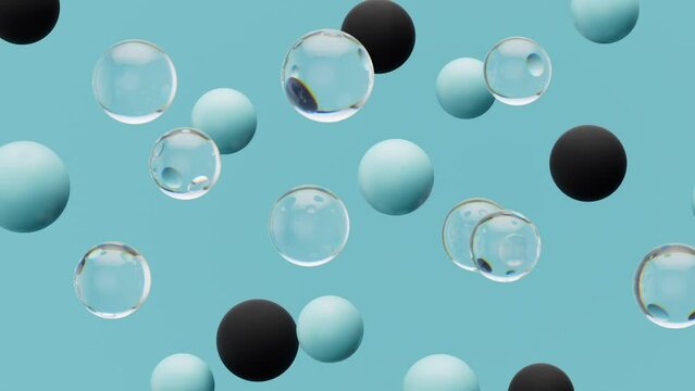 Turquoise abstract 3D background with slowly floating spheres made out of glass, plastic and rubber.  Smoothly floating and colliding balls - 3D rendering.