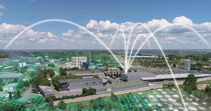 Visualization of communication with partners around the world. Concept of a modern factory, drone view