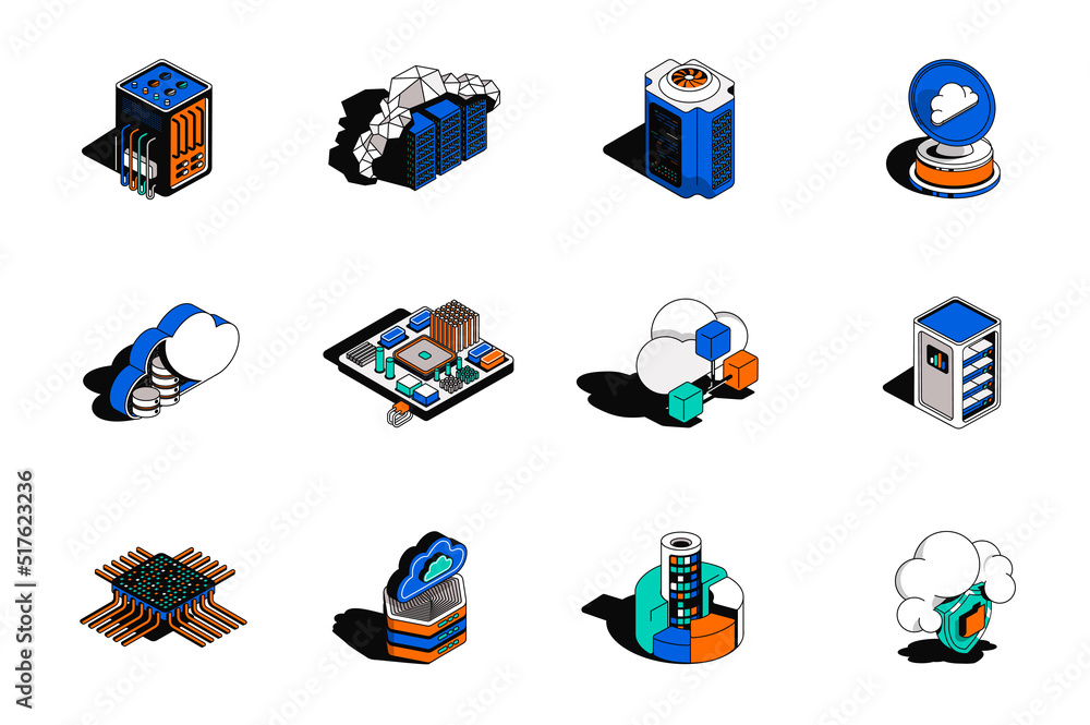 Aufkleber cloud technology 3d isometric icons set. pack elements of racks, computer, microchip, network, data 