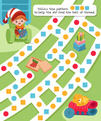 Maze game, activity for children. Game for kids. Help the elf find the ball of thread. Vector illustration.