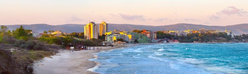Panorama of new city, Nessebar, Bulgaria at sunset