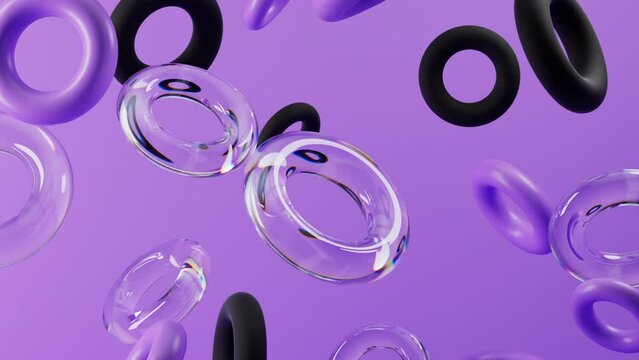 Purple abstract 3D background with slowly floating rings made out of glass, plastic and rubber.  Smoothly floating and colliding rings - 3D rendering.