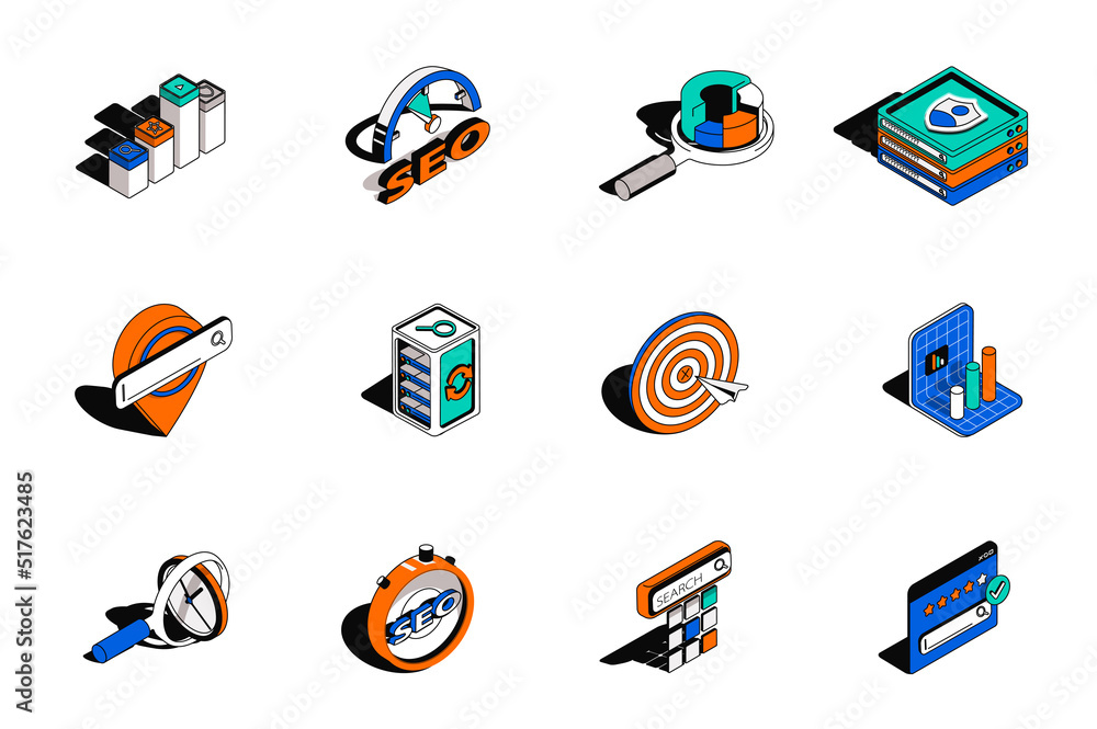 Poster Seo analysis and optimization 3d isometric icons set. Pack elements of network, target, traffic, rating, keyword ranking, marketing research and other. Vector illustration in modern isometry design