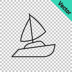 Black line Yacht sailboat or sailing ship icon isolated on transparent background. Sail boat marine cruise travel. Vector