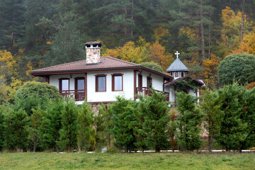 Autumn landscape with trees and houses, Bulgaria
