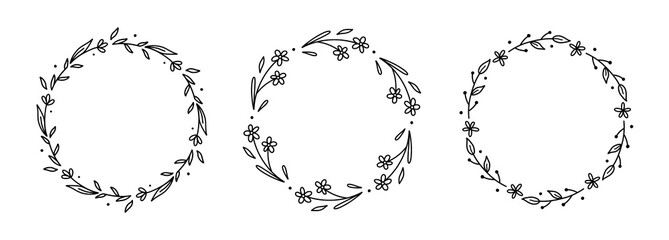 Set of floral wreath isolated on white background. Round frames with flowers and leaves. Vector hand-drawn illustration in doodle style. Perfect for cards, invitations, decorations, logo. © lesyau_art