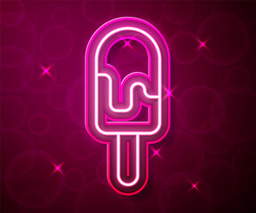 Glowing neon line Ice cream icon isolated on red background. Sweet symbol. Vector