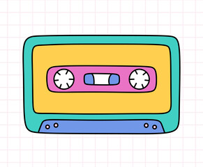Cute retro cassette tape of the 90s in doodle style. Old school compact audio cassette in bright colors. Vintage analogue mixtape. Vector hand-drawn illustration isolated on checkered background.