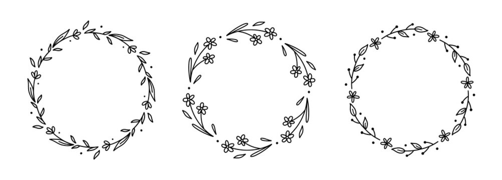 Set of floral wreath isolated on white background. Round frames with flowers and leaves. Vector hand-drawn illustration in doodle style. Perfect for cards, invitations, decorations, logo.