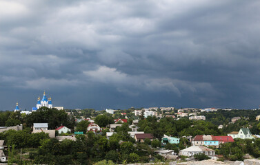 Small town landscape with orthodox church. Eastern Europe, Ukraine.