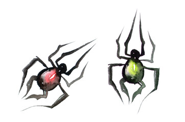 Halloween. Red, yellow spiders. watercolor icon set