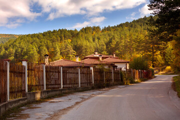 Fototapeta na wymiar Autumn landscape with road and houses, Bulgaria